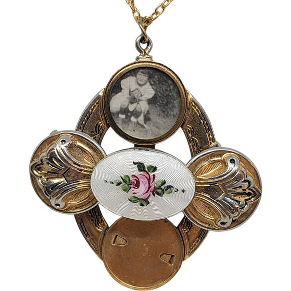 Antique Guilloche Enamel Rose 2 Photo Locket rotating Pendant early 1900s rare - Picture 5 of 13
